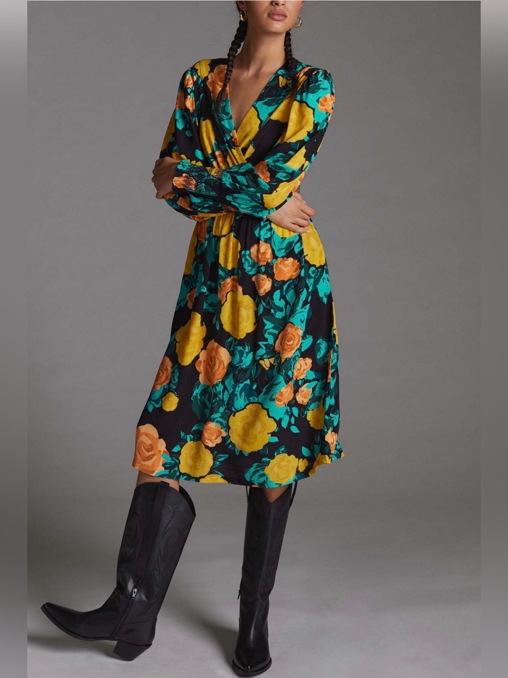 Anthropologie Plenty Tracy Reese Floral Smocked Tie Waist Midi Dress L Feminine
